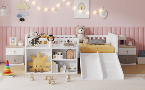 English Elm Twin Low Loft Kids Bed with Fun Slide Climbing Structure and Movable Bookshelf White W2593P437109