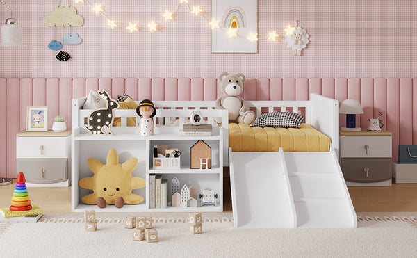 English Elm Twin Low Loft Kids Bed with Fun Slide Climbing Structure and Movable Bookshelf White W2593P437109