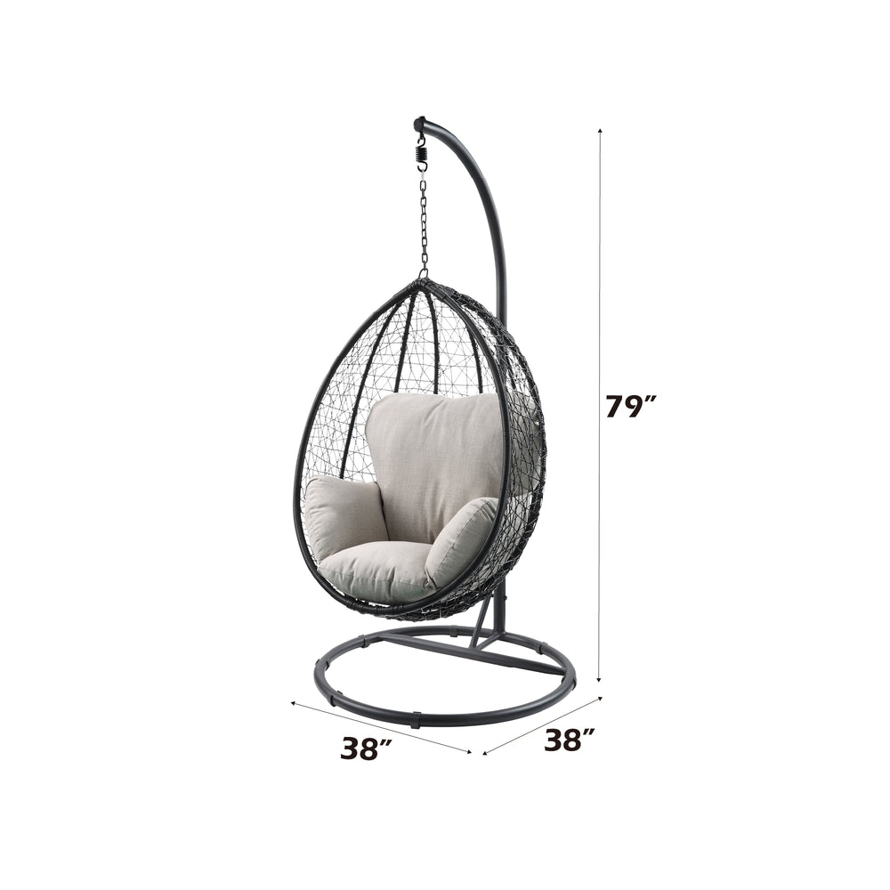 English Elm Simona Beige Hanging Chair with Stand — All-Weather Resin Wicker, Removable Cushions, Adjustable Headrest B2726S00409