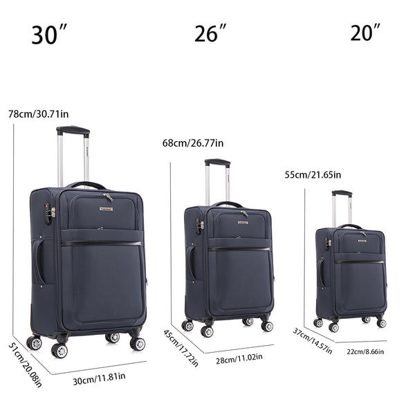 English Elm 3-piece Soft Shell Luggage Set with Swivel Wheels Telescopic Handle and Password Lock Dark Blue T3292P343390