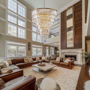 English Elm 48-Inch Gold Tiered Crystal Chandelier — 45-Light E12, 580 Crystal Rods, Mirror Finish, Dramatic Foyer Statement W2869S00030