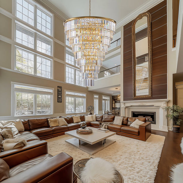 English Elm 48-Inch Gold Tiered Crystal Chandelier — 45-Light E12, 580 Crystal Rods, Mirror Finish, Dramatic Foyer Statement W2869S00030