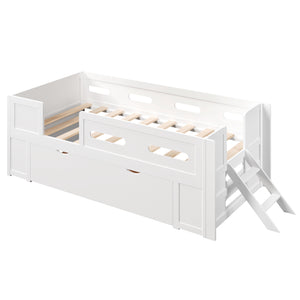 English Elm Wood Twin Platform Bed for Kids with Fence Guardrail and Under Storage Drawer White N709P385777K