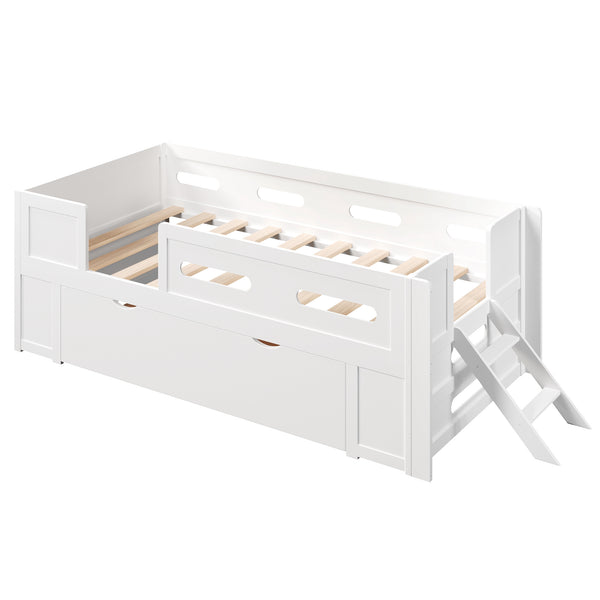 English Elm Wood Twin Platform Bed for Kids with Fence Guardrail and Under Storage Drawer White N709P385777K