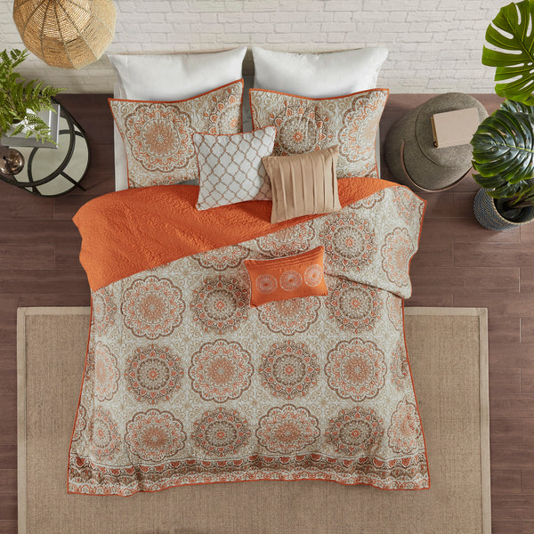 English Elm 6 Piece Reversible Quilt Set with Paisley Motif and Neutral Reverse, Embroidered Throw Pillows Included Orange 23.23 L x 18.11 W x 10.63 H B03597402