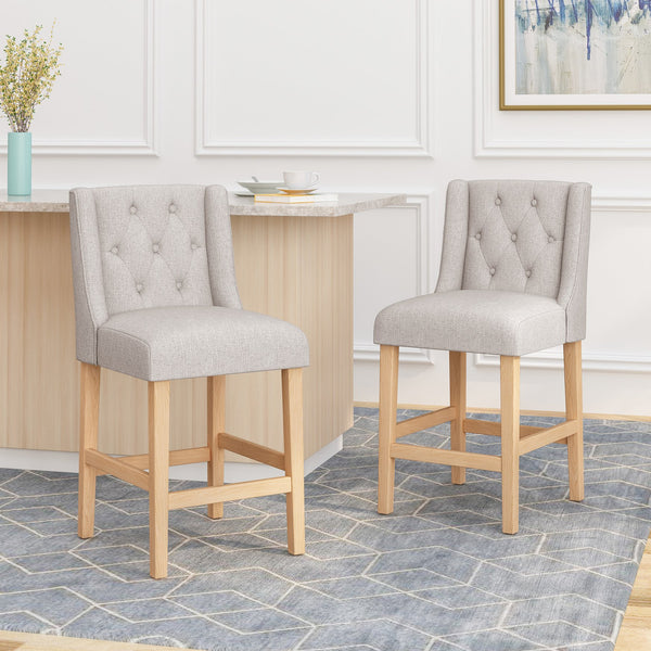 English Elm Christopher Knight Home® - Vienna Tufted Wingback Counter Stools Set of 2 — Elegant Fabric Seating, Button-Tufted Comfort, Durable Rubberwood Frame Light Grey+Natural 64853.00LGRY
