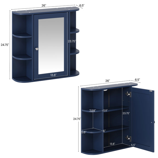 English Elm Bathroom Wall Cabinet with Mirror Door Open Shelving and Adjustable Interior Storage Blue N817P375228B