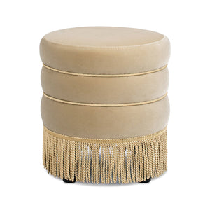 English Elm Jennifer Taylor Home - Edward 17.5" Round Upholstered Ottoman with Bullion Fringe — Vintage Luxe Seat, Footrest & Accent Piece Brown B2719P320843