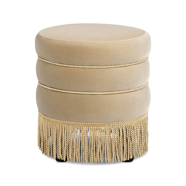 English Elm Jennifer Taylor Home - Edward 17.5" Round Upholstered Ottoman with Bullion Fringe — Vintage Luxe Seat, Footrest & Accent Piece Brown B2719P320843