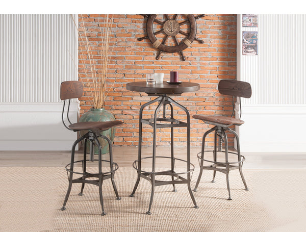 English Elm Kaeso Adjustable Height Bar Table in Walnut with Gunmetal Legs, Round Top & Open Storage Shelf B2726S00025