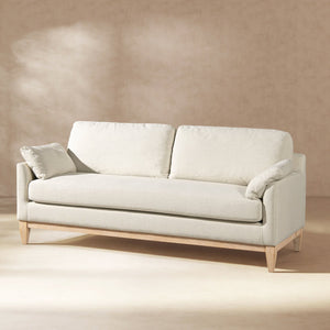 English Elm Jennifer Taylor Home - Pasadena 75.5" Modern Farmhouse Sofa in Flax White Linen — Eco Rubberwood Base, Plush Feather-Blend Pillows B2719P353146