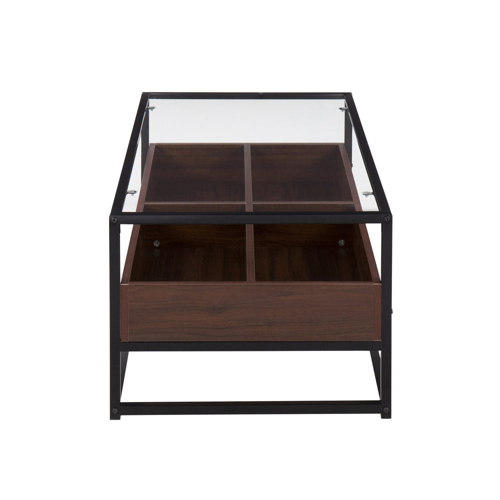 English Elm Contemporary Glass Top Coffee Table with Walnut Storage and Black Steel Frame B202P223305