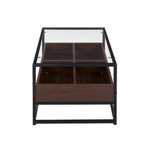 English Elm Contemporary Glass Top Coffee Table with Walnut Storage and Black Steel Frame B202P223305