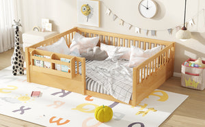 English Elm Twin Low Profile Kids Floor Bed Pine Wood Frame with Safety Rail and Built in Bookshelf Natural W1580P373141
