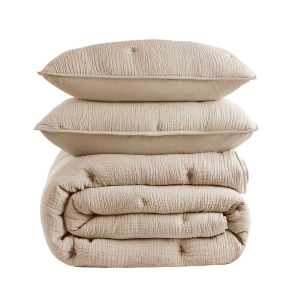 English Elm 3-piece Cotton Muslin Quilt Set with Embroidered Tacking for a Relaxed Bedroom Taupe B035P408349