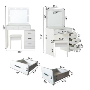 English Elm White adjustable dressing table with 5 drawers, matte finish, hidden sliding mirror, stool, lockable storage W2139P179897