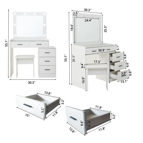 English Elm White adjustable dressing table with 5 drawers, matte finish, hidden sliding mirror, stool, lockable storage W2139P179897