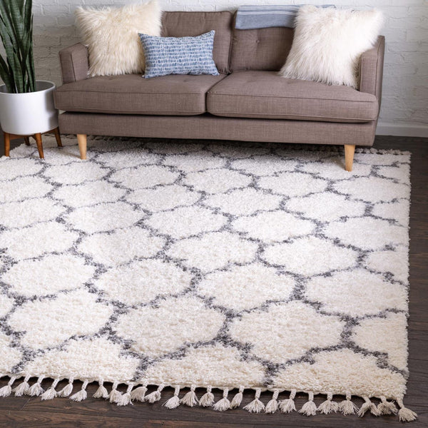 Unique Loom Hygge Shag Trellis Machine Made Trellis Rug Ivory, Gray 8' 0" x 8' 0"