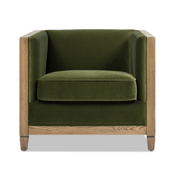 English Elm Jennifer Taylor Home - Georgia 34" Cane Rattan Tuxedo Armchair in Olive Green Performance Velvet with Oak Frame & Removable Cushion B2719P238321