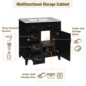 English Elm 30-Inch Bathroom Vanity with Ceramic Sink, Gold Handles, Solid Wood Frame and Soft-Close Drawers Black N729P195052B