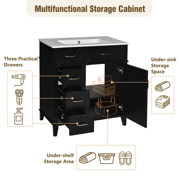 English Elm 30-Inch Bathroom Vanity with Ceramic Sink, Gold Handles, Solid Wood Frame and Soft-Close Drawers Black N729P195052B