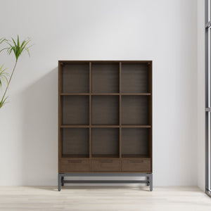 English Elm Banting 9 Cube Bookcase with Drawers Walnut Brown - Solid Rubberwood, Metal Frame, 3 Drawers, 9 Cubes B136P238617