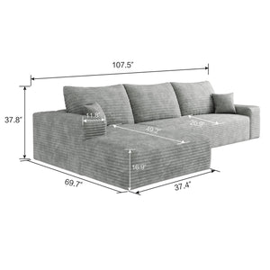 English Elm 107" Cloud Sectional Couch - Reversible L-Shape Chaise, Plush Corduroy, No Assembly, Cozy Comfort! W2824S00039