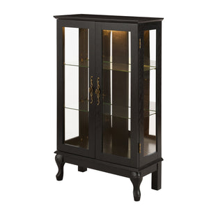 English Elm Curio Cabinet with Lighted Tempered Glass, Mirrored Back, Adjustable Shelves, Vintage Handle — Black W2275P389705