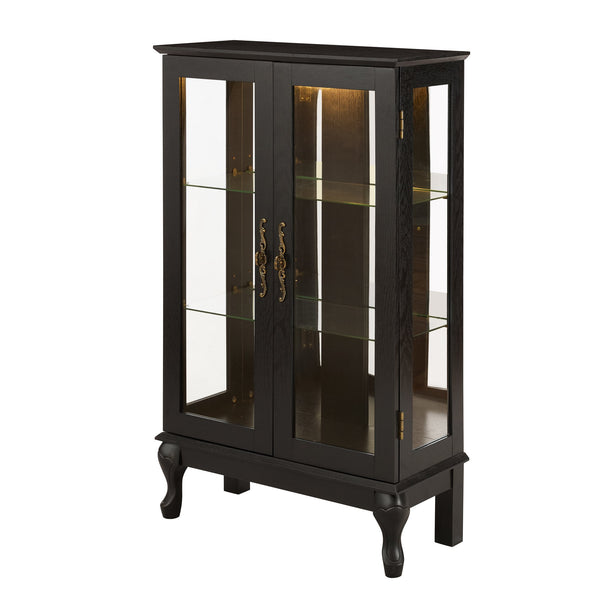 English Elm Curio Cabinet with Lighted Tempered Glass, Mirrored Back, Adjustable Shelves, Vintage Handle — Black W2275P389705
