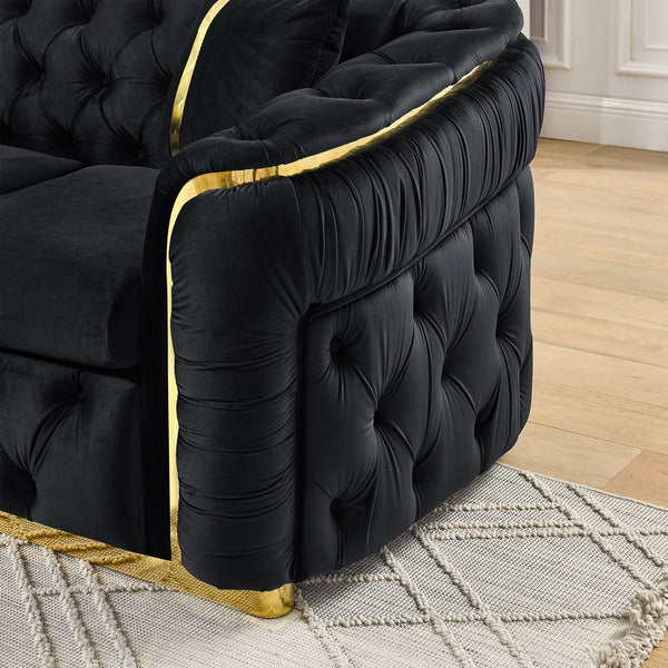 English Elm 2pcs Italian Velvet Chesterfield Sofa Set Tufted Three Seater with Gold Steel Legs W1191S00042