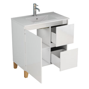 English Elm 31.5-inch Bathroom Vanity Solid Wood Top Ceramic Basin Soft Close Glossy White W3151S00067