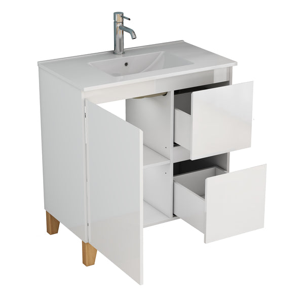 English Elm 31.5-inch Bathroom Vanity Solid Wood Top Ceramic Basin Soft Close Glossy White W3151S00067
