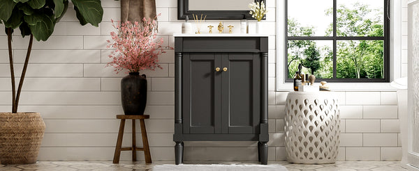 English Elm 24'' Modern Bathroom Vanity with Ceramic Basin, Solid Wood Frame, Soft-Close Doors, Ample Storage Black N710P190503B
