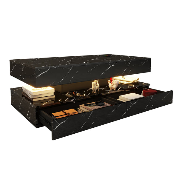 English Elm Coffee Table with Led Lighting Bluetooth Speaker Wireless Charging and Faux Marble Top T3773P415728