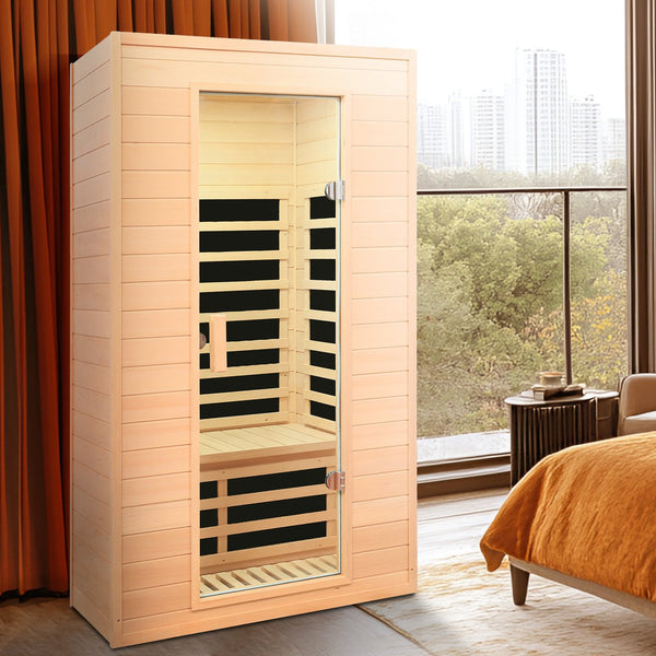 English Elm Hemlock Wood Two Person Far Infrared Indoor Sauna with Bluetooth and Led Lighting W632S00016