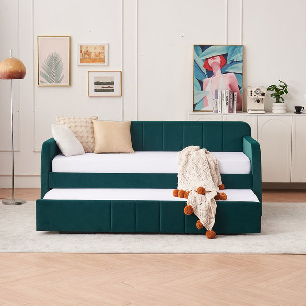 English Elm Twin Upholstered Daybed with Trundle Sofa Bed for Guest Room, Pine Wood Frame, Velvet Upholstery, Sturdy Slat Support and Full-Length Comfort Emerald W1361S00024