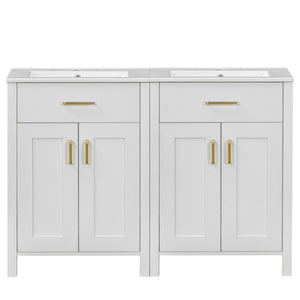 English Elm Modern 48 Inch Freestanding Bathroom Vanity Dual Ceramic Sinks Soft Close Gold Handles White N729P000008K