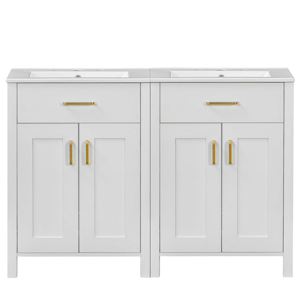 English Elm Modern 48 Inch Freestanding Bathroom Vanity Dual Ceramic Sinks Soft Close Gold Handles White N729P000008K