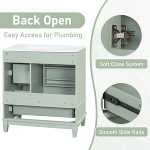 English Elm Christopher Knight Home® - 30" Freestanding Bathroom Vanity with Ceramic Sink, Soft-Close Door, Gold Knobs & 3 Drawers, Durable Painted Finish Light Green N759P225994G