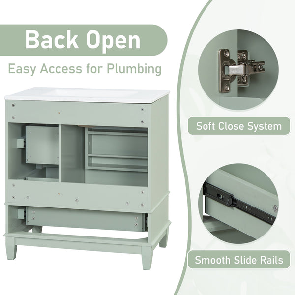English Elm Christopher Knight Home® - 30" Freestanding Bathroom Vanity with Ceramic Sink, Soft-Close Door, Gold Knobs & 3 Drawers, Durable Painted Finish Light Green N759P225994G
