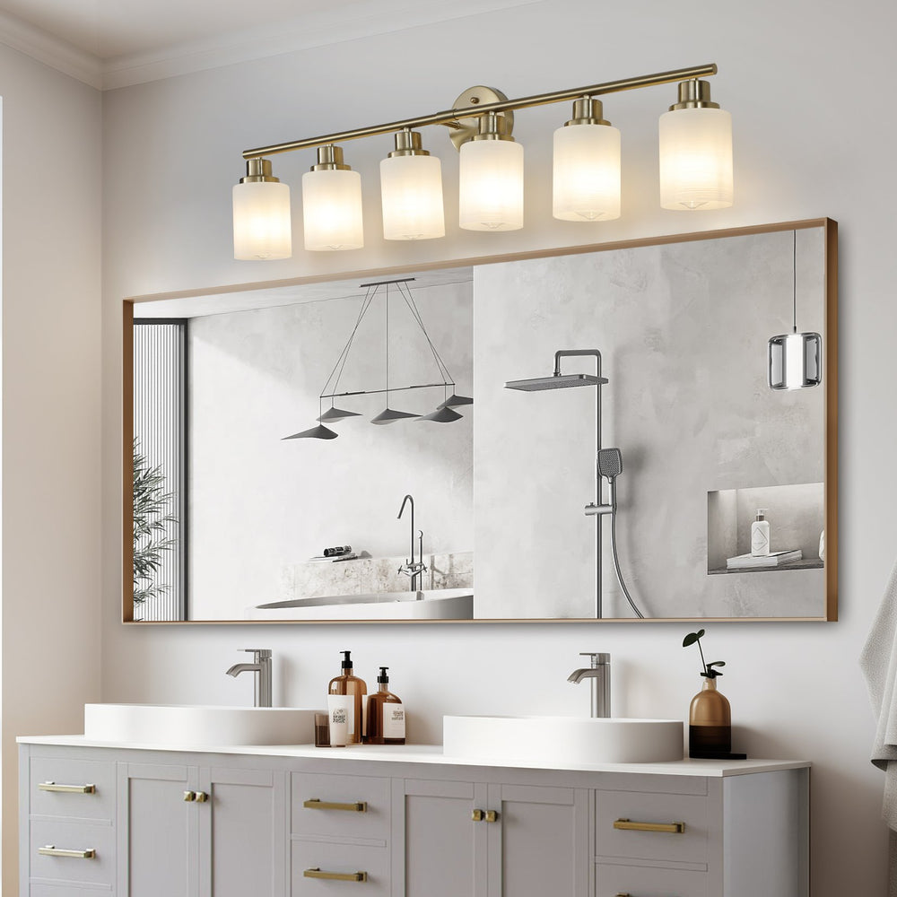 English Elm 39" Modern 6-Light Vanity Wall Sconce - Elegant Golden Finish & Frosted Glass For Stylish Lighting W2312P374815