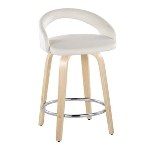 English Elm Fixed-height Swivel Counterstools with Velvet Seats Bent Wood Legs and Chrome Footrest B202S01764
