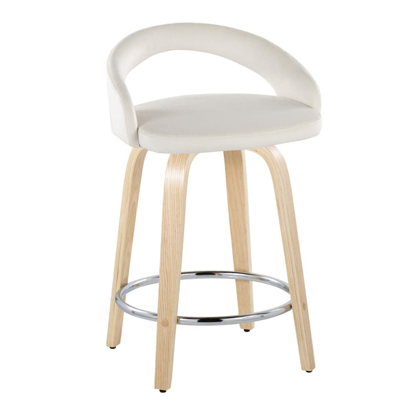 English Elm Fixed-height Swivel Counterstools with Velvet Seats Bent Wood Legs and Chrome Footrest B202S01764