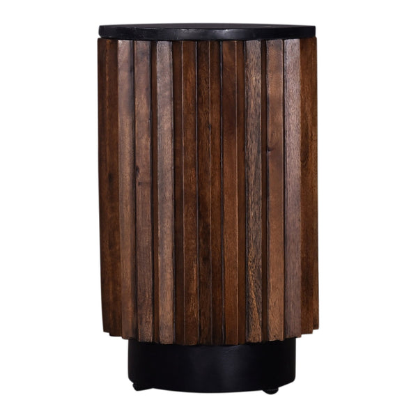 English Elm 12 In. Round Pierre Side Table with Black Marble Top & Slim Metal Base, Modern Compact Accent Piece B2741P286094