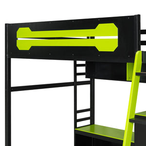 English Elm Full Size Gaming Loft Bed with Built-in Desk Led Lighting Usb Ports and Pegboard Black+Green LT000270AAG