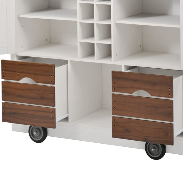 English Elm K&K 54" Farmhouse Kitchen Island Cart with Drop Leaf, Wine Rack, Power Outlet and Rolling Storage White N707P349814W