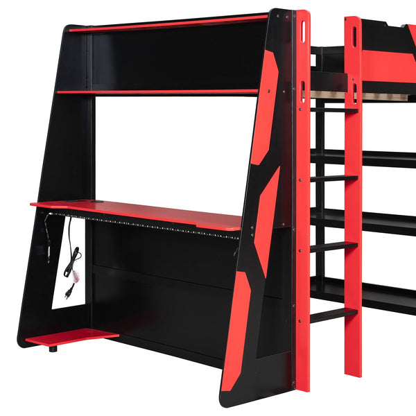 English Elm Full Size Gaming Loft Bed with Led Lighting Desk Shelves and Usb Charging Ports Black+Red N820S00076J