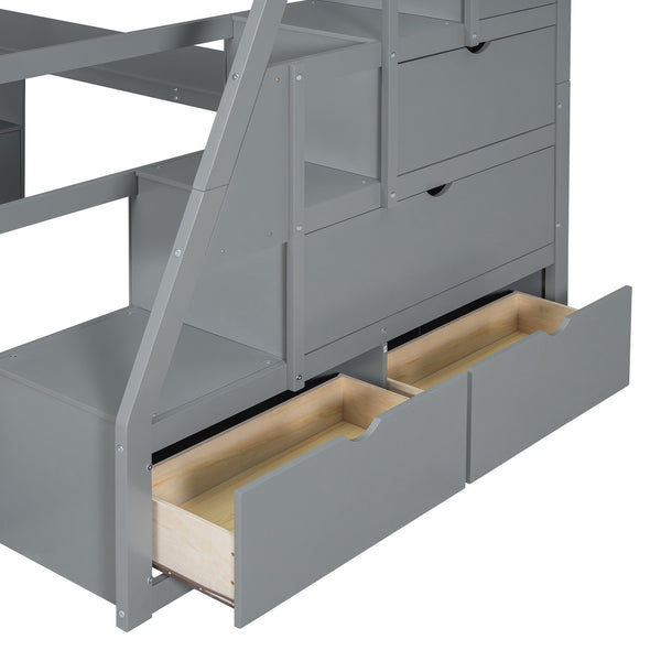 English Elm Full Size Kids Loft Bed with Integrated Desk Seven Drawers and Open Shelving Gray LT000649AAE
