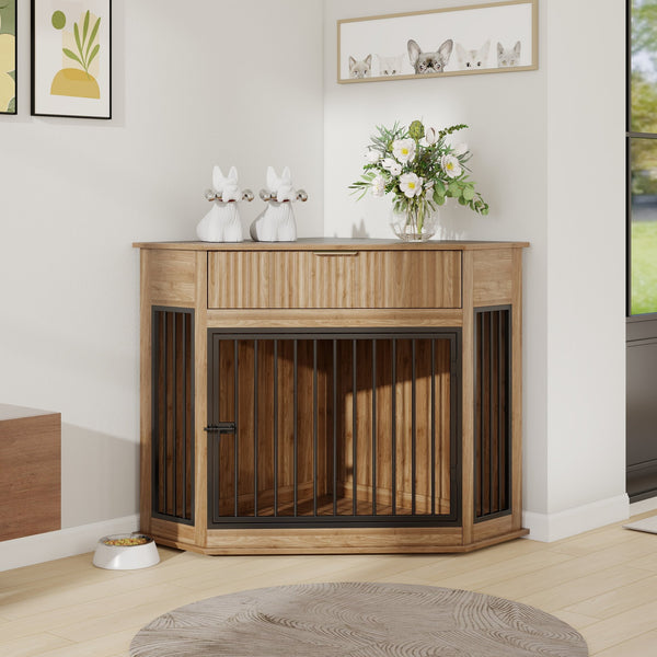 English Elm 44.6'' Corner Mdf Dog Kennel Cabinet with Fluted Drawer End Table for Modern Living Natural Walnut W5216P415905