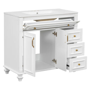 English Elm 36" Modern Bathroom Vanity with Ceramic Sink, Gold Handles, Flip-Out Drawer & Soft-Close Doors White N725P283623K